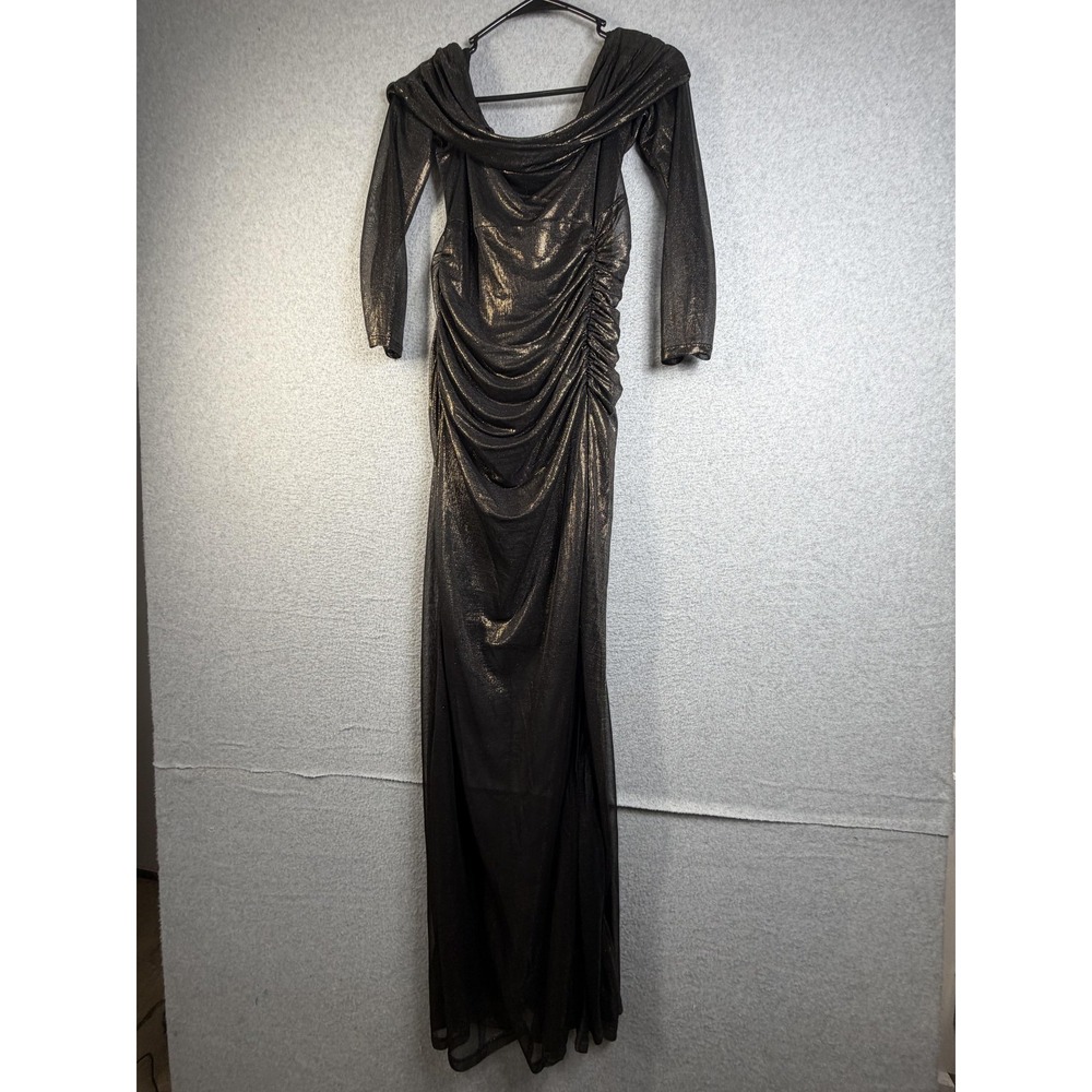 Bump Biddy Dress Womens Medium Black Glitter Ruched Off Shoulder Maxi Bodycon